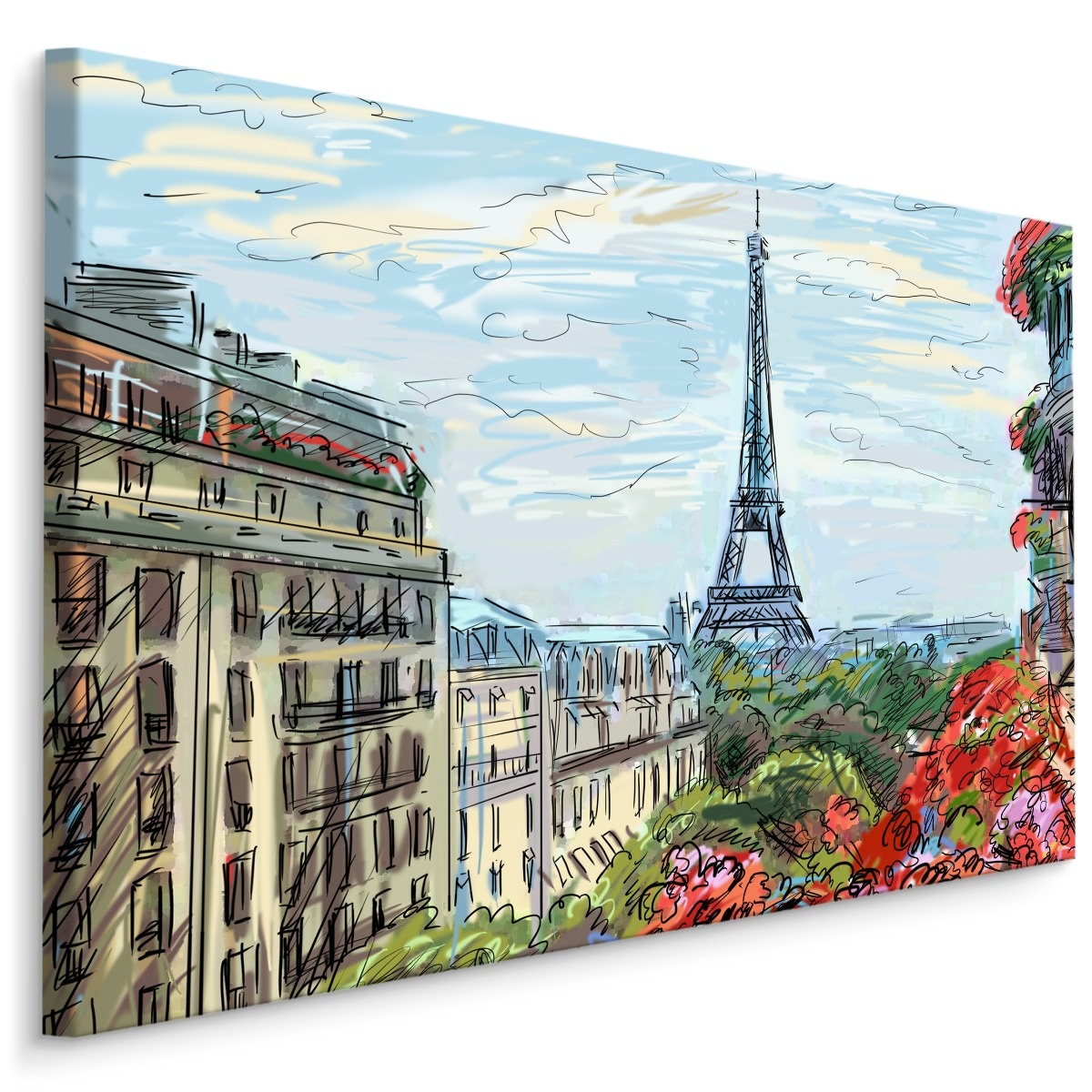 Schilderij - Tekening van Parijs, Eiffeltoren, Premium Print op Canvas afbeelding