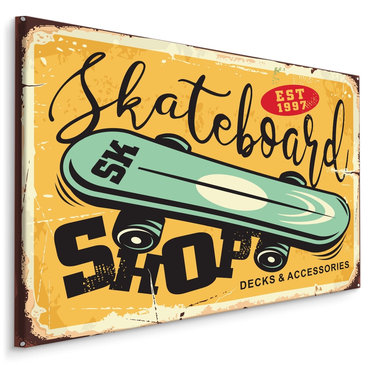 Schilderij - Skateboard Shop, Reclamebord, Premium Print, Geel, Groen