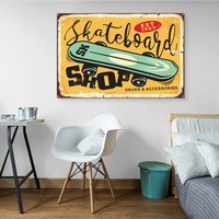 Schilderij - Skateboard Shop, Reclamebord, Premium Print, Geel, Groen