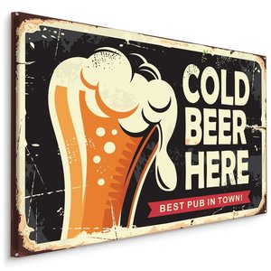 Schilderij - Retro Bord, Cold Beer Here, Premium Print op canvas