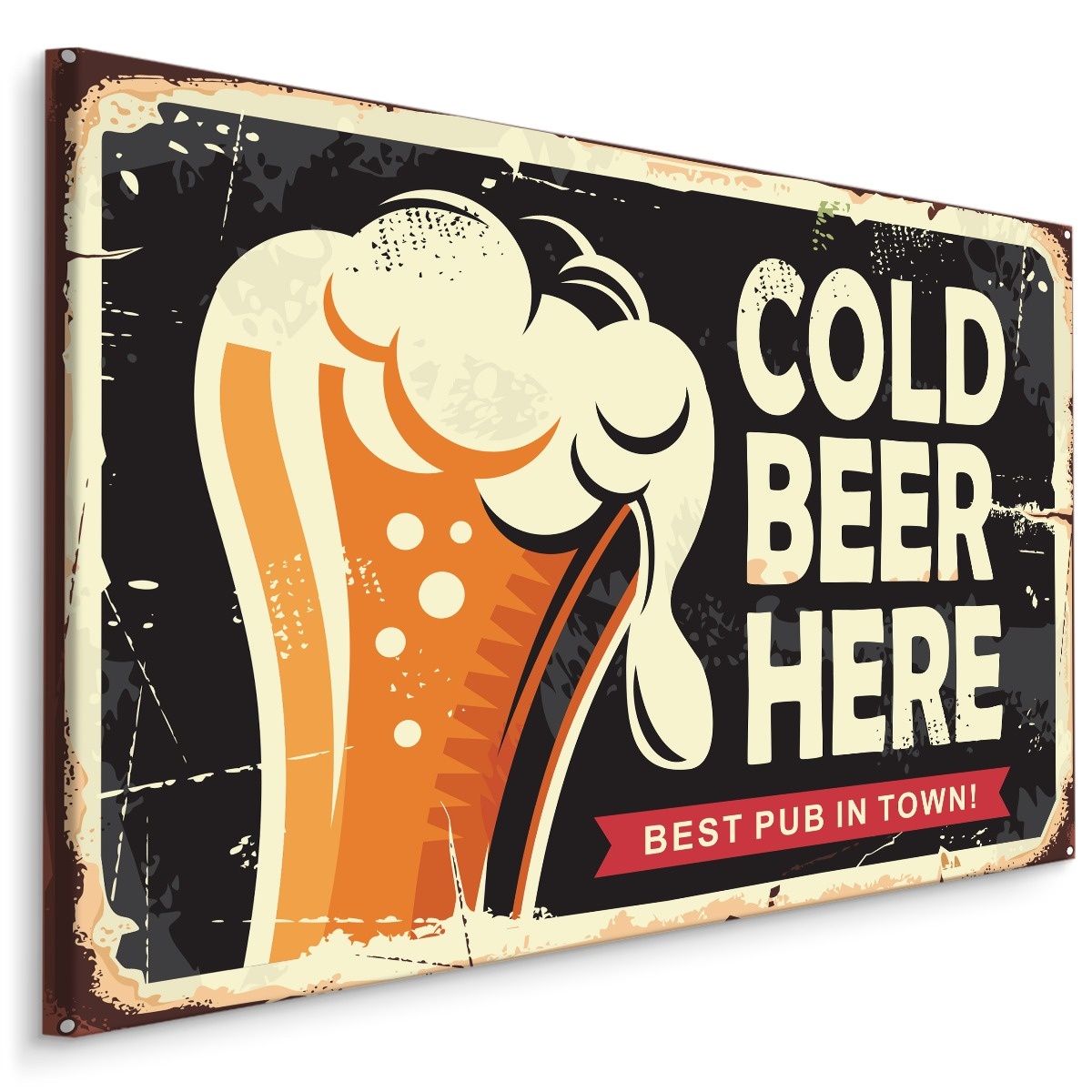 Schilderij - Retro Bord, Cold Beer Here, Premium Print op canvas afbeelding