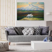 Schilderij - Paarden met op de achtergrond Bergen, Premium Print