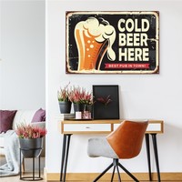Schilderij - Retro Bord, Cold Beer Here, Premium Print op canvas