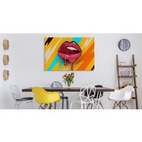 Schilderij - Rode lippen op een gekleurde Achtergrond, Popart, premium print