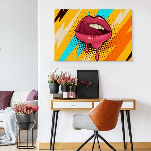 Schilderij - Rode lippen op een gekleurde Achtergrond, Popart, premium print