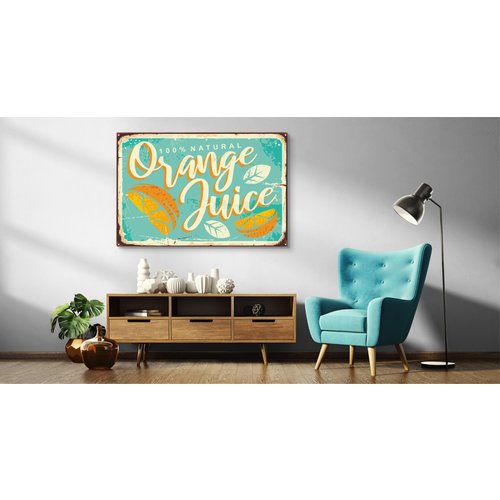 Schilderij - reclame uiting, Orange Juice, Retro Bord, Premium Print