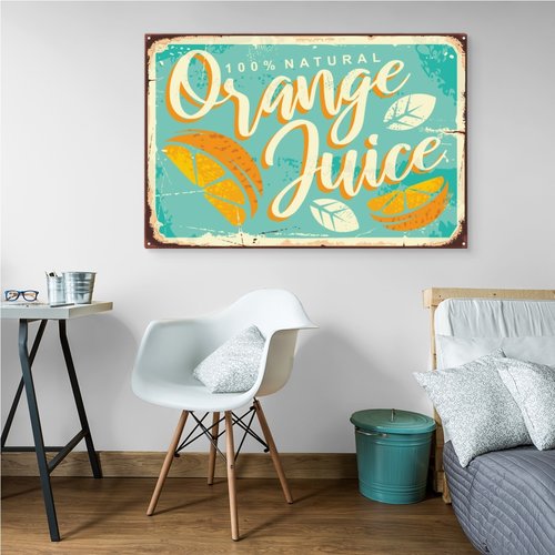 Schilderij - reclame uiting, Orange Juice, Retro Bord, Premium Print