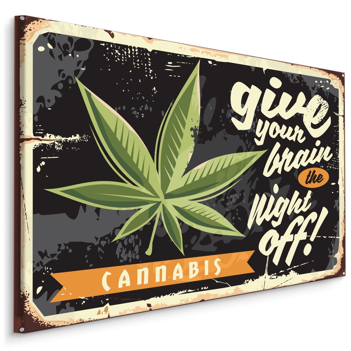 Schilderij - Cannabis blad en retro belettering, Premium Print afbeelding