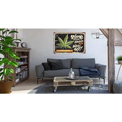 Schilderij - Cannabis blad en retro belettering, Premium Print