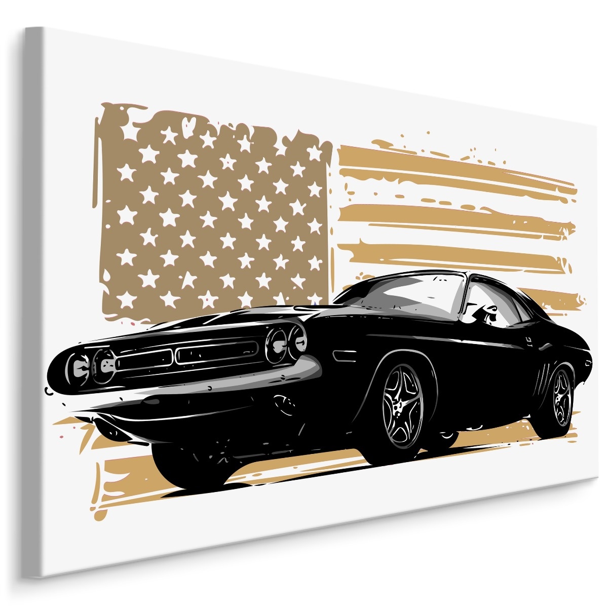 Schilderij - Een Amerikaanse Muscle car tegen een beige Amerikaanse vlag, Premium Print afbeelding