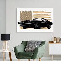 Schilderij - Een Amerikaanse Muscle car tegen een beige Amerikaanse vlag, Premium Print