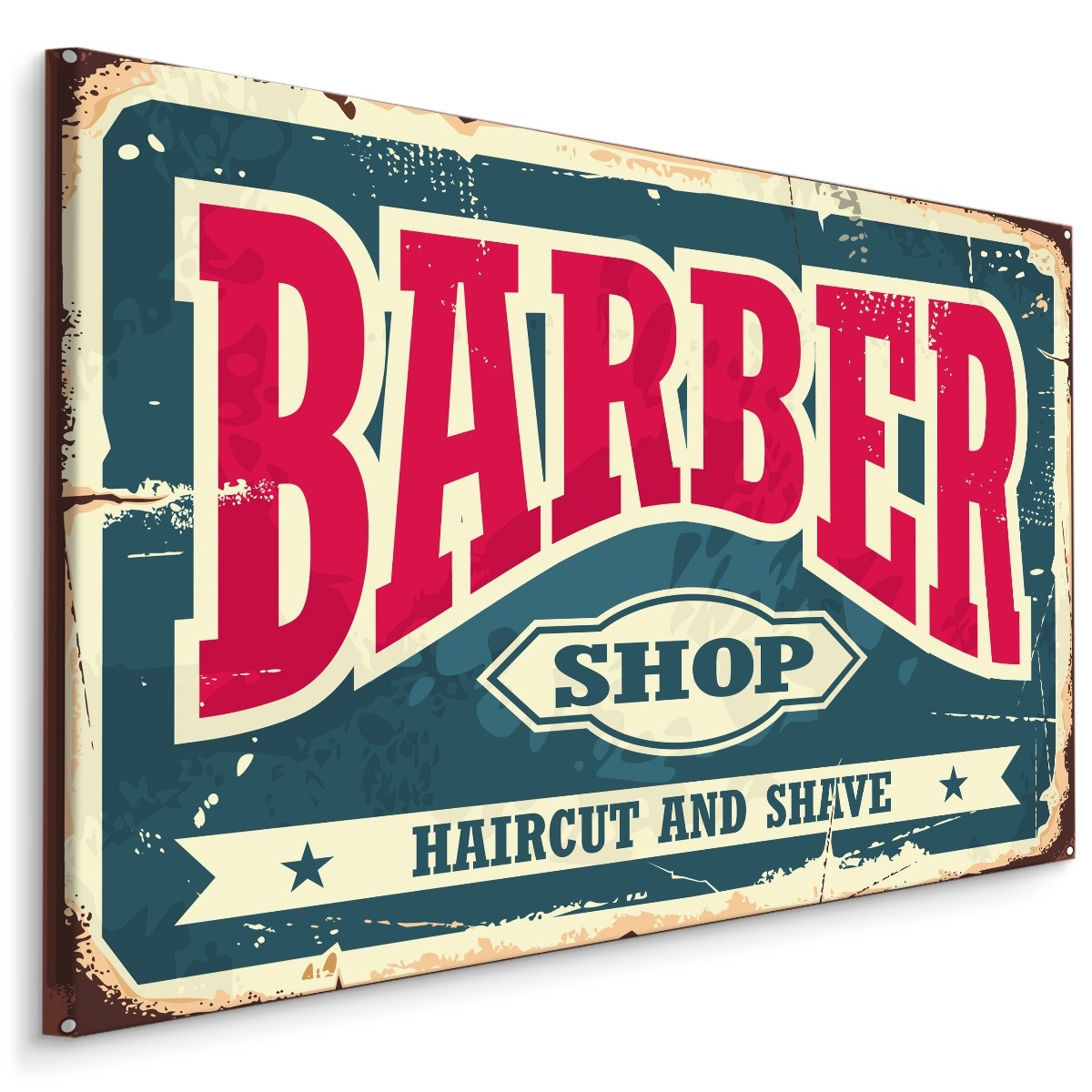 Schilderij - Barber Shop, Haircut and Shave, reclame bord, Premium Print op Canvas afbeelding