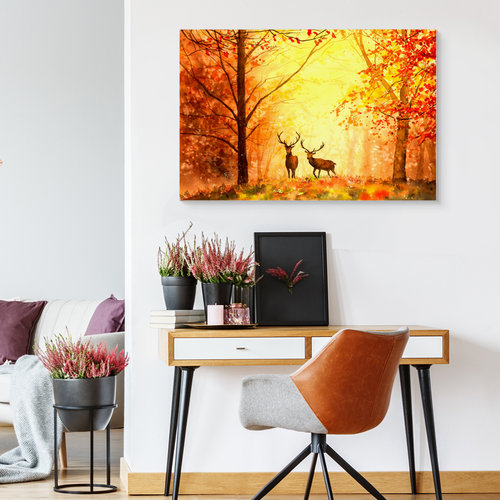 Schilderij - Herten in een Herfstbos, 5 maten, Premium Print