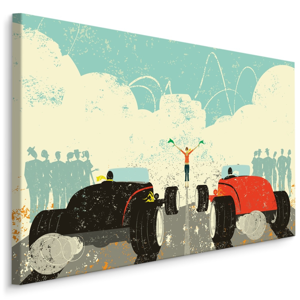 Schilderij - Retro Autorace, 5 maten, (groen/rood) Premium Print afbeelding