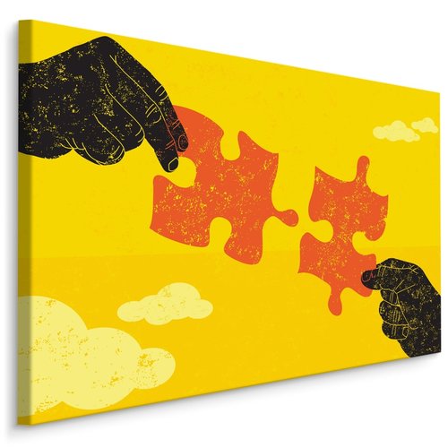 Schilderij - Als de puzzel maar klopt, premium print, Rood/geel