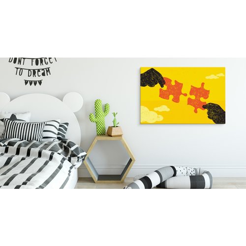 Schilderij - Als de puzzel maar klopt, premium print, Rood/geel