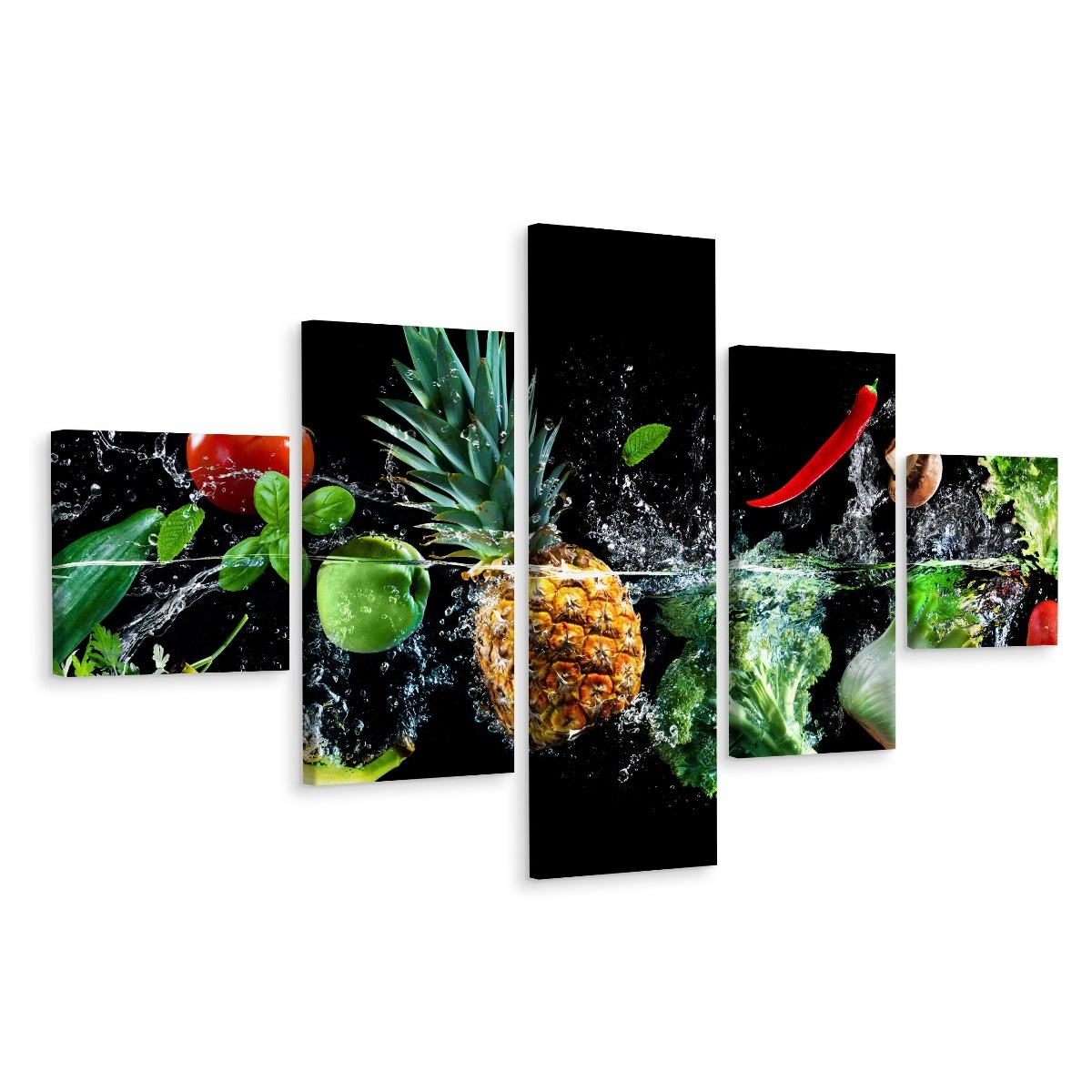 Schilderij - Groente en fruit in water, 5luik, Premium print afbeelding