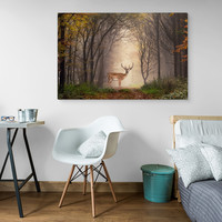 Schilderij - Hert in het Bos, 5 maten, Premium Print
