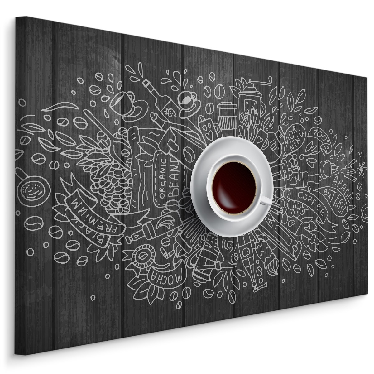 Schilderij - Wit kopje koffie op Zwarte Tafel, premium Print afbeelding