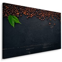 Schilderij - Koffiebonen op een Zwart Houten Tafel, Premium Print