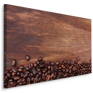 Schilderij - Koffiebonen op een Houten Achtergrond, Print op Canvas Schilderij - Koffiebonen op een Houten Achtergrond, Print op Canvas