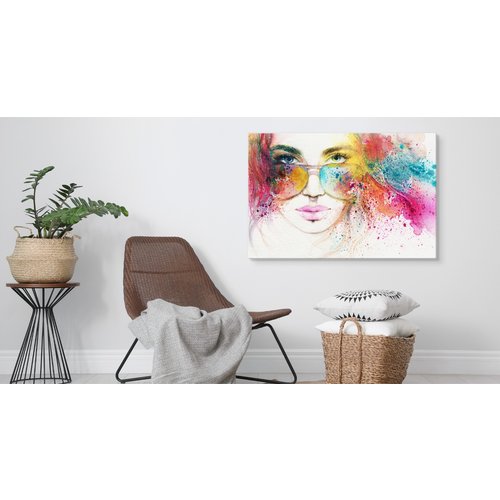 Schilderij - Vrouw met Zonnebril, Multikleur, Premium Print op Canvas
