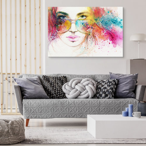 Schilderij - Vrouw met Zonnebril, Multikleur, Premium Print op Canvas