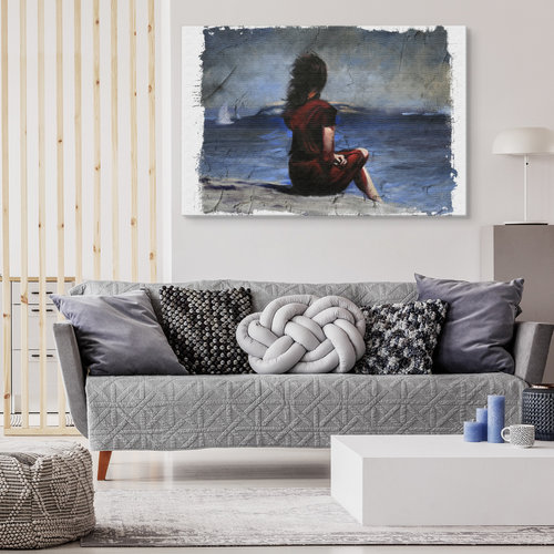 Schilderij - Vrouw in Rode Jurk op het Strand, Print op canvas