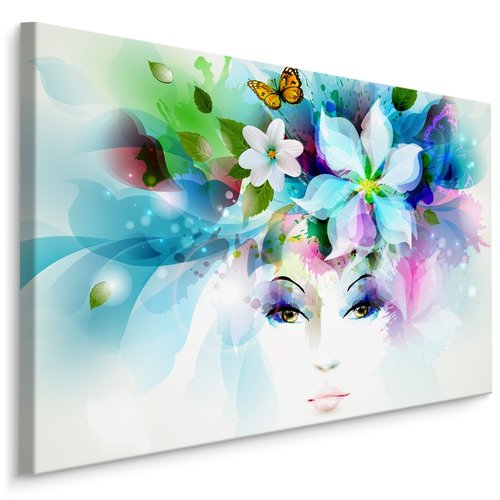 Schilderij - Gezicht van een Vrouw met Bloemen, Print op Canvas, Premium Print