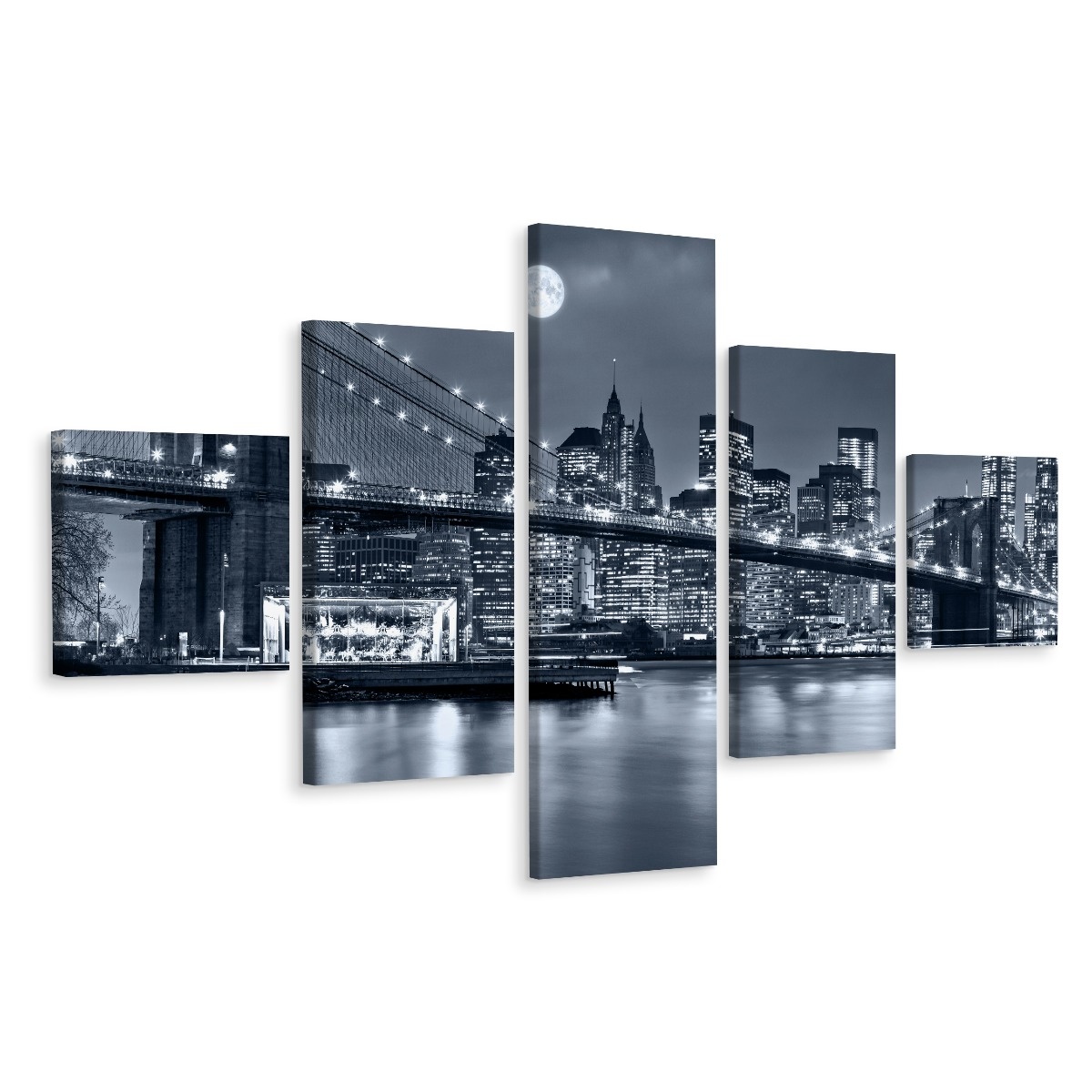 Schilderij New York City in de nacht, NYC, 5 luik, Premium print