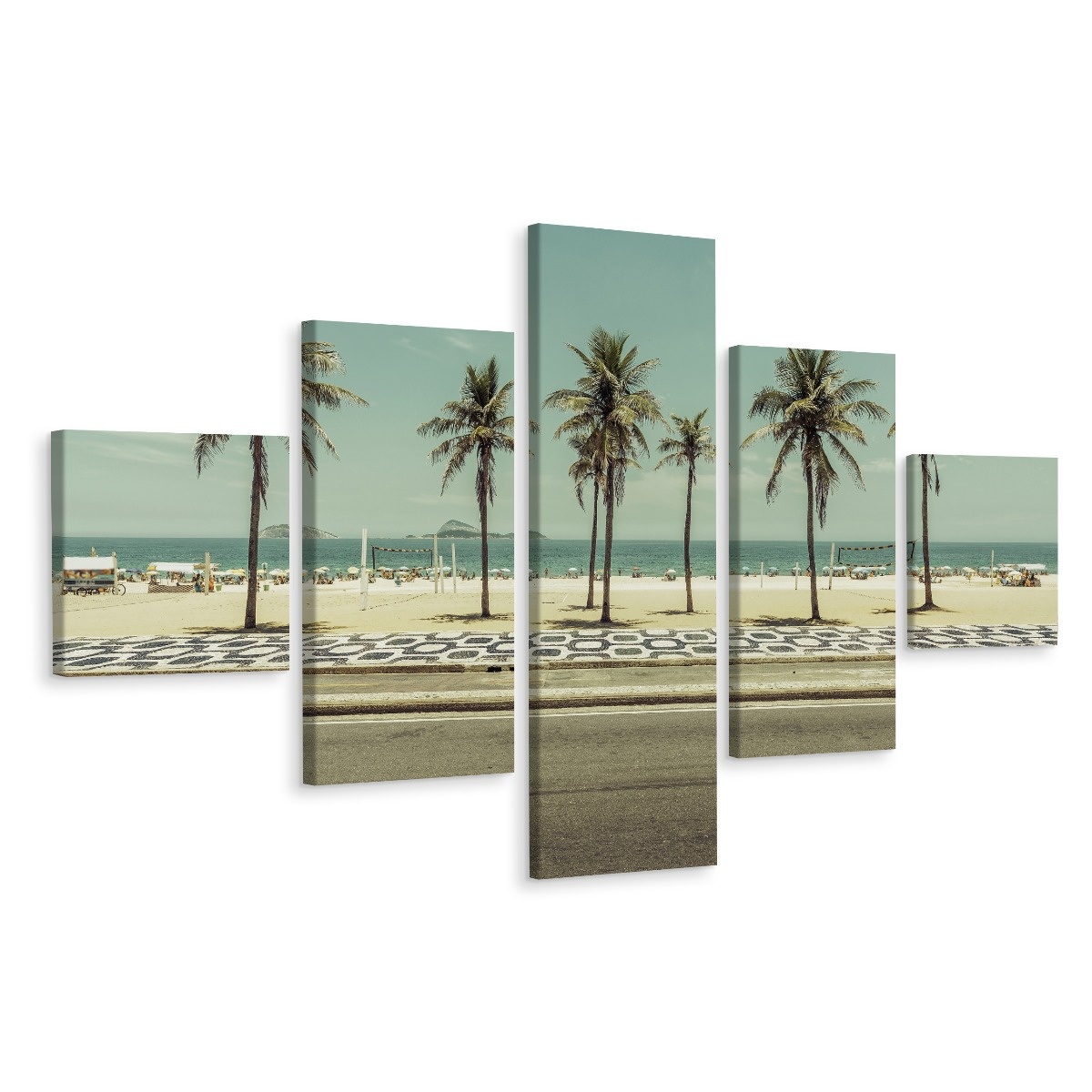 Schilderij - Retro strand met palmbomen, 5luik, Premium print afbeelding