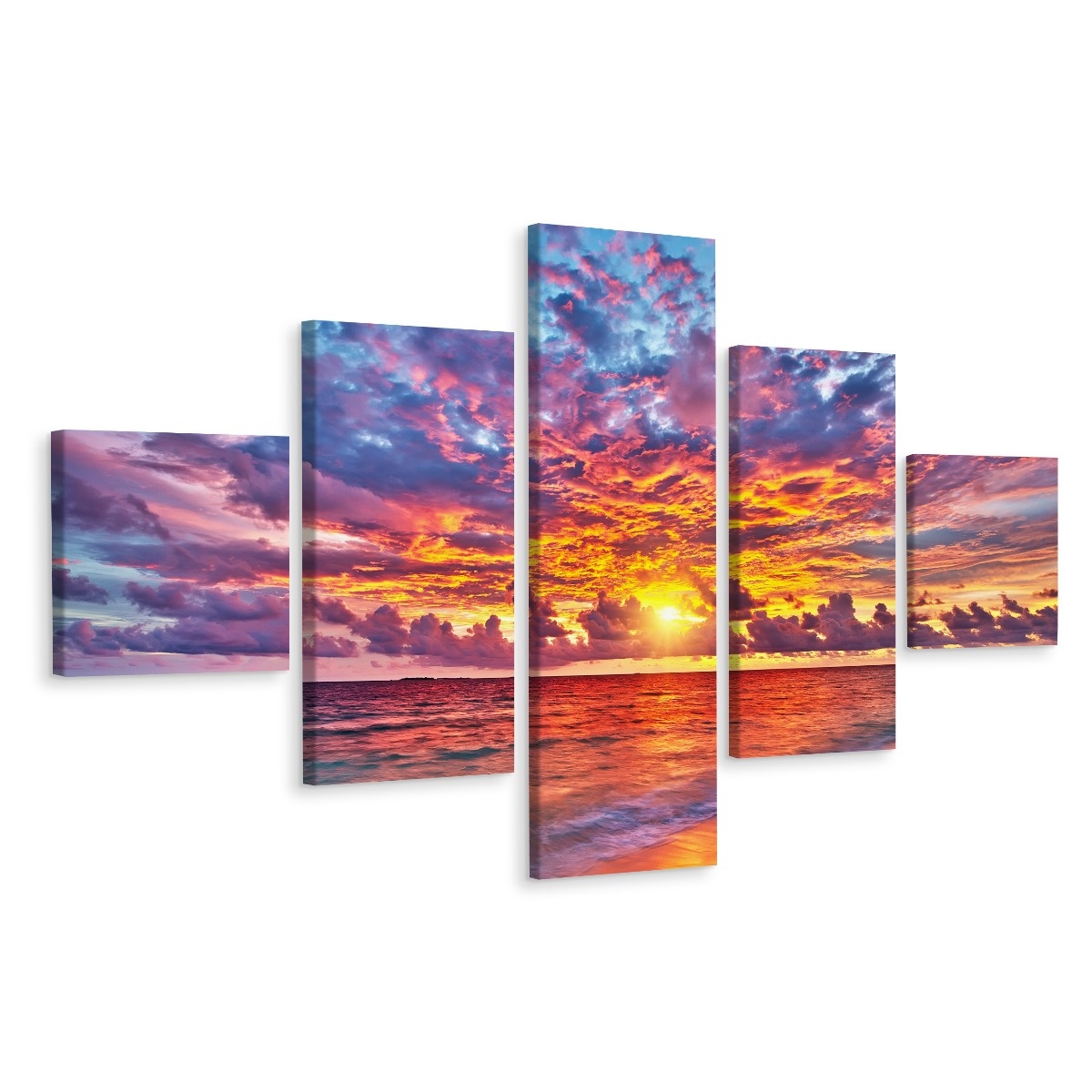Schilderij - Kleurrijke zonsondergang, Oceaan, 5 luik, Premium print afbeelding