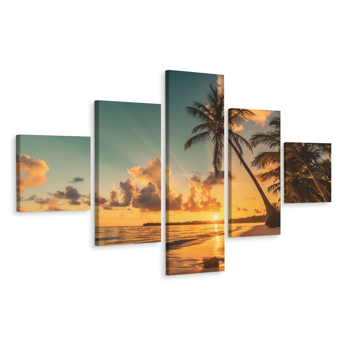Schilderij - Palmbomen en Zonsondergang, 5 luik. Premium print afbeelding