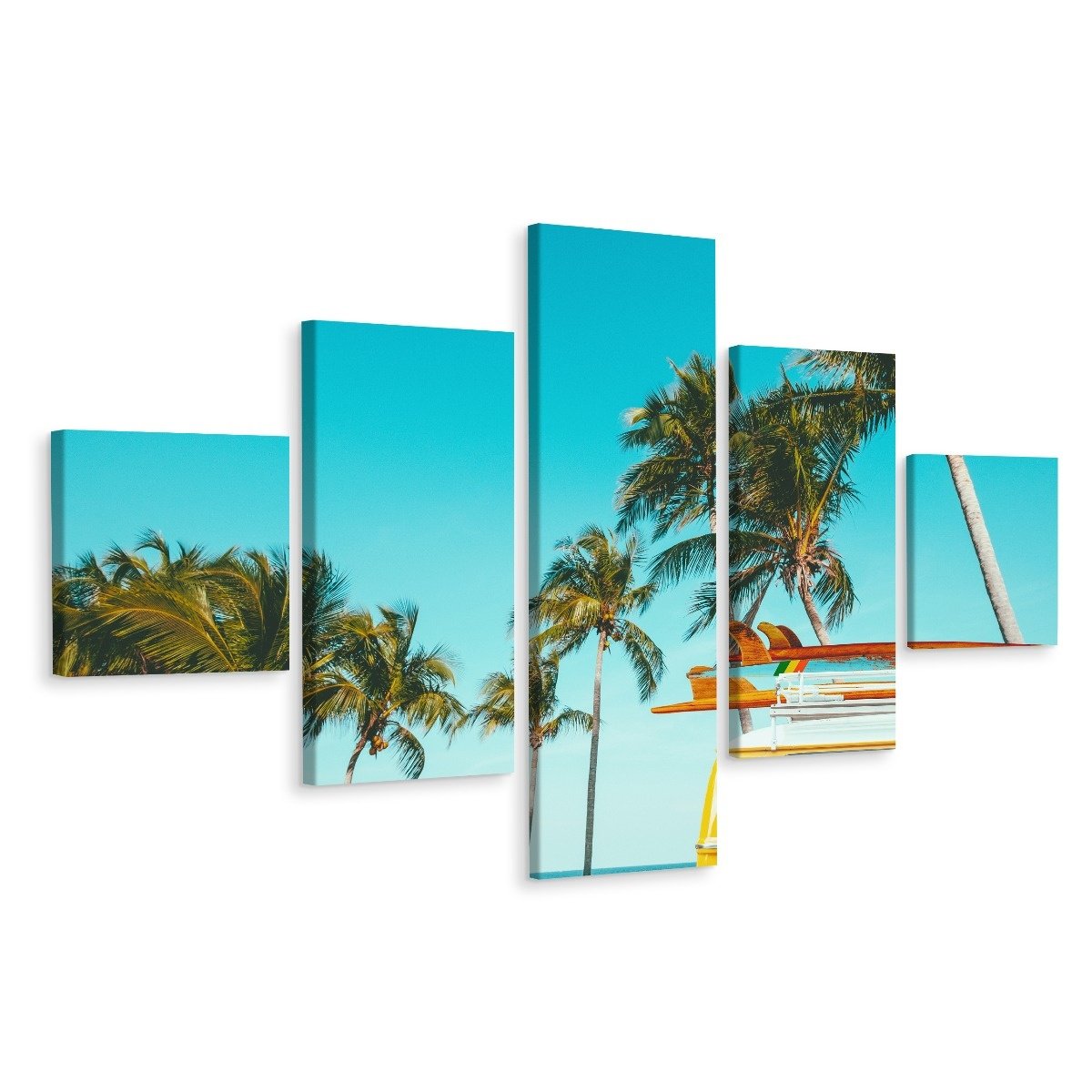 Schilderij - Retro auto en palmbomen, 5 luik, premium print afbeelding