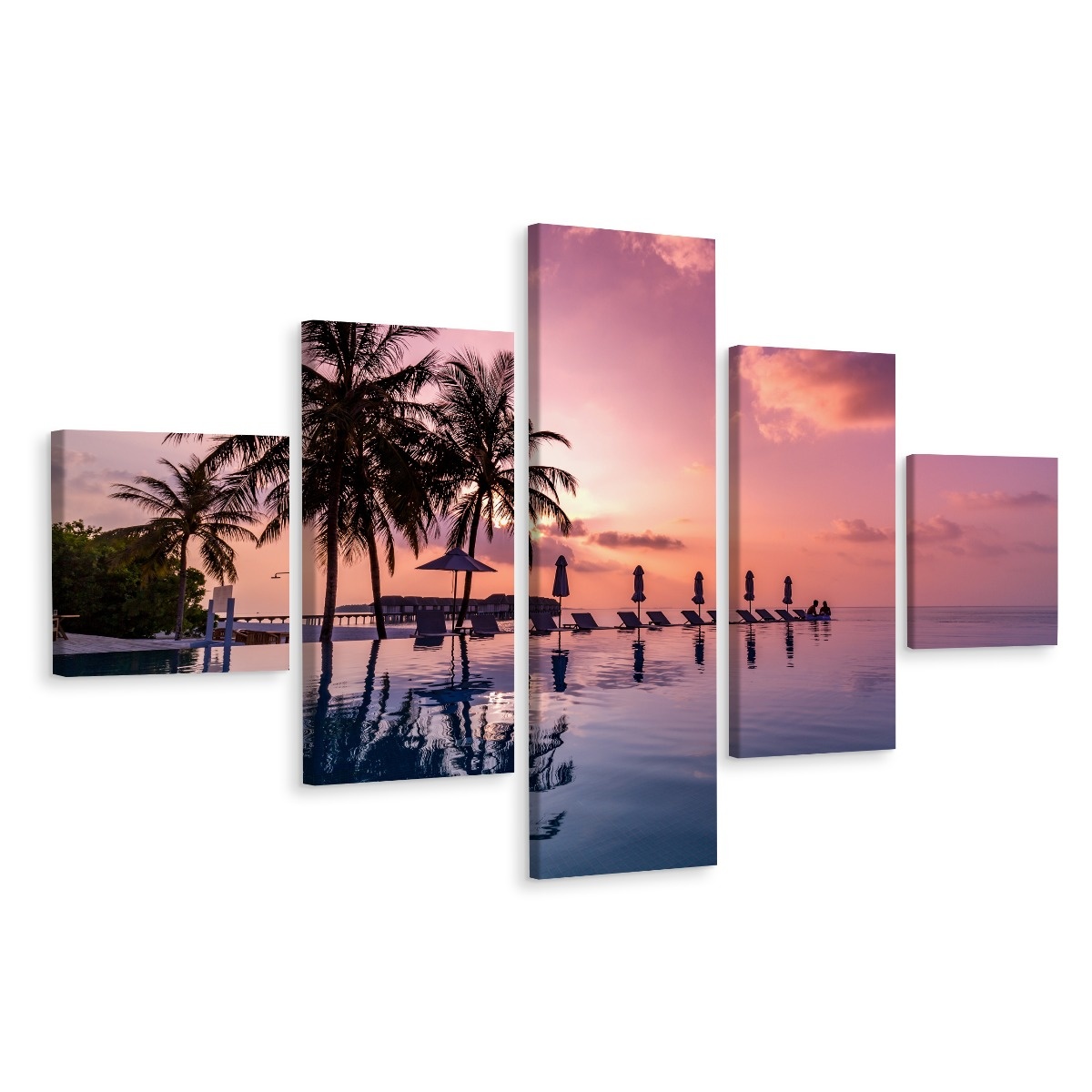 Schilderij - Zonsondergang in paradijs, Oceaan, 5 luik, Premium print afbeelding