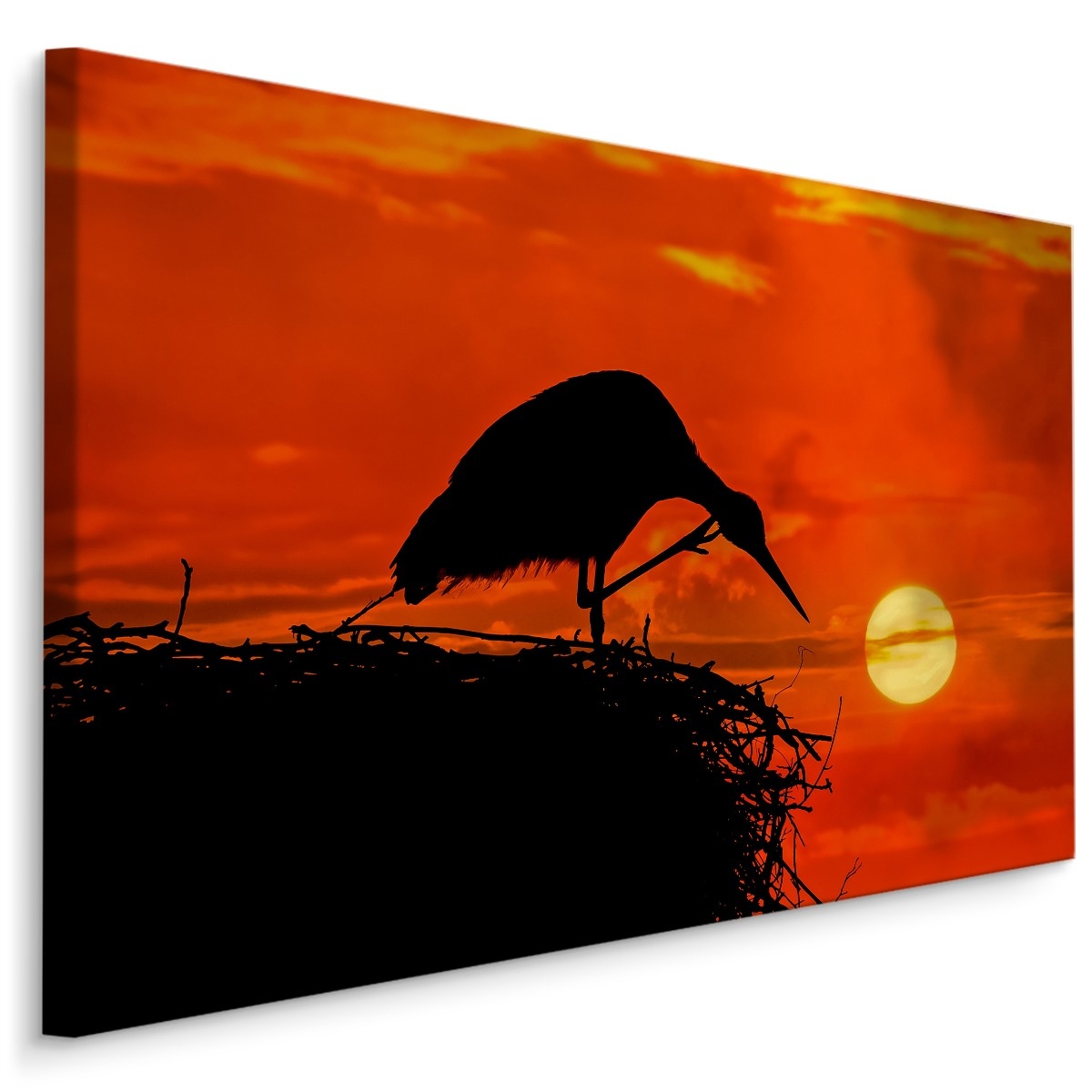 Schilderij - Ooievaar bij Zonsondergang, premium Print afbeelding