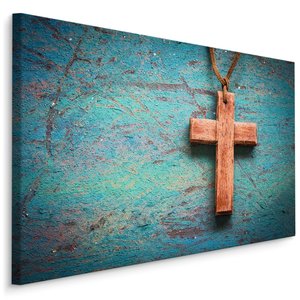 Schilderij - Houten Kruis op Blauwe Achtergrond, Premium Print
