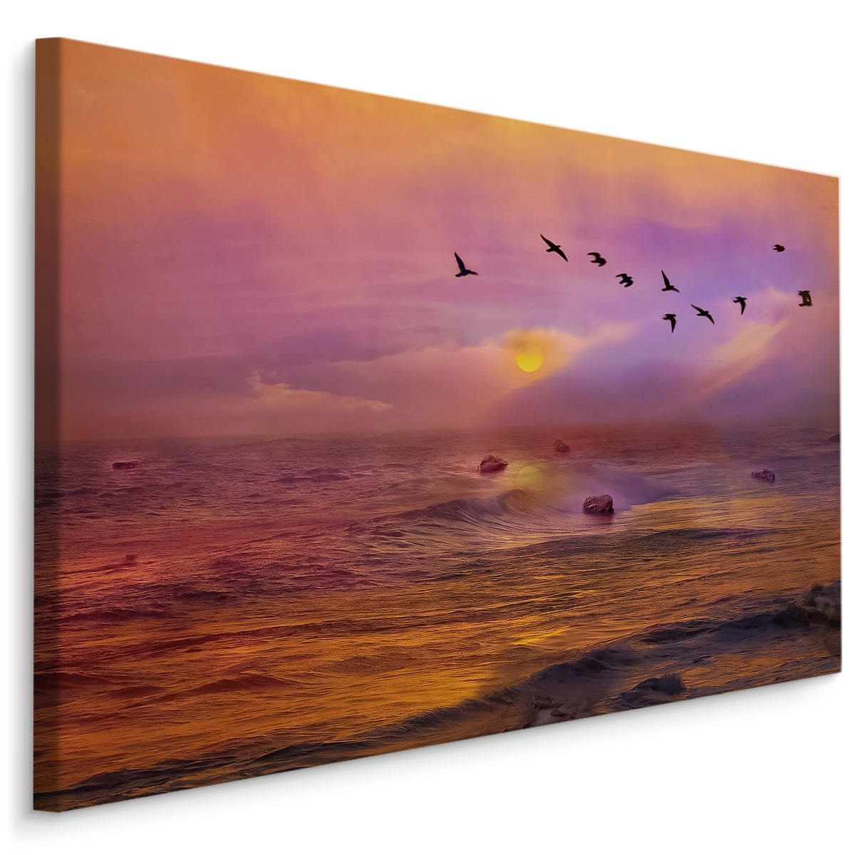 Schilderij - Vogels over de Oceaan, zonsondergang, Premium Print afbeelding