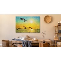 Schilderij - Zeemeeuwen en ondergaande zon, Print op canvas, premium Print