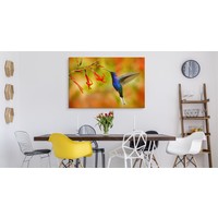 Schilderij - Kolibrie en Bloemen, Multikleur, Premium Print