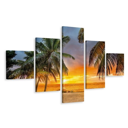 Schilderij - Zonsondergang op tropisch strand, 5 luik, Premium print