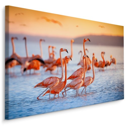 Schilderij - Flamingo's, Roze en blauw, premium Print