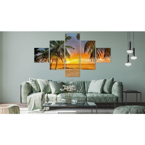 Schilderij - Zonsondergang op tropisch strand, 5 luik, Premium print