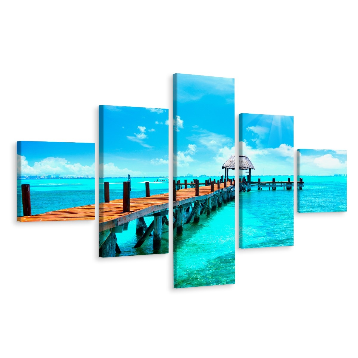 Schilderij - Houten Pier, Oceaan, 5 luik, Premium Print afbeelding