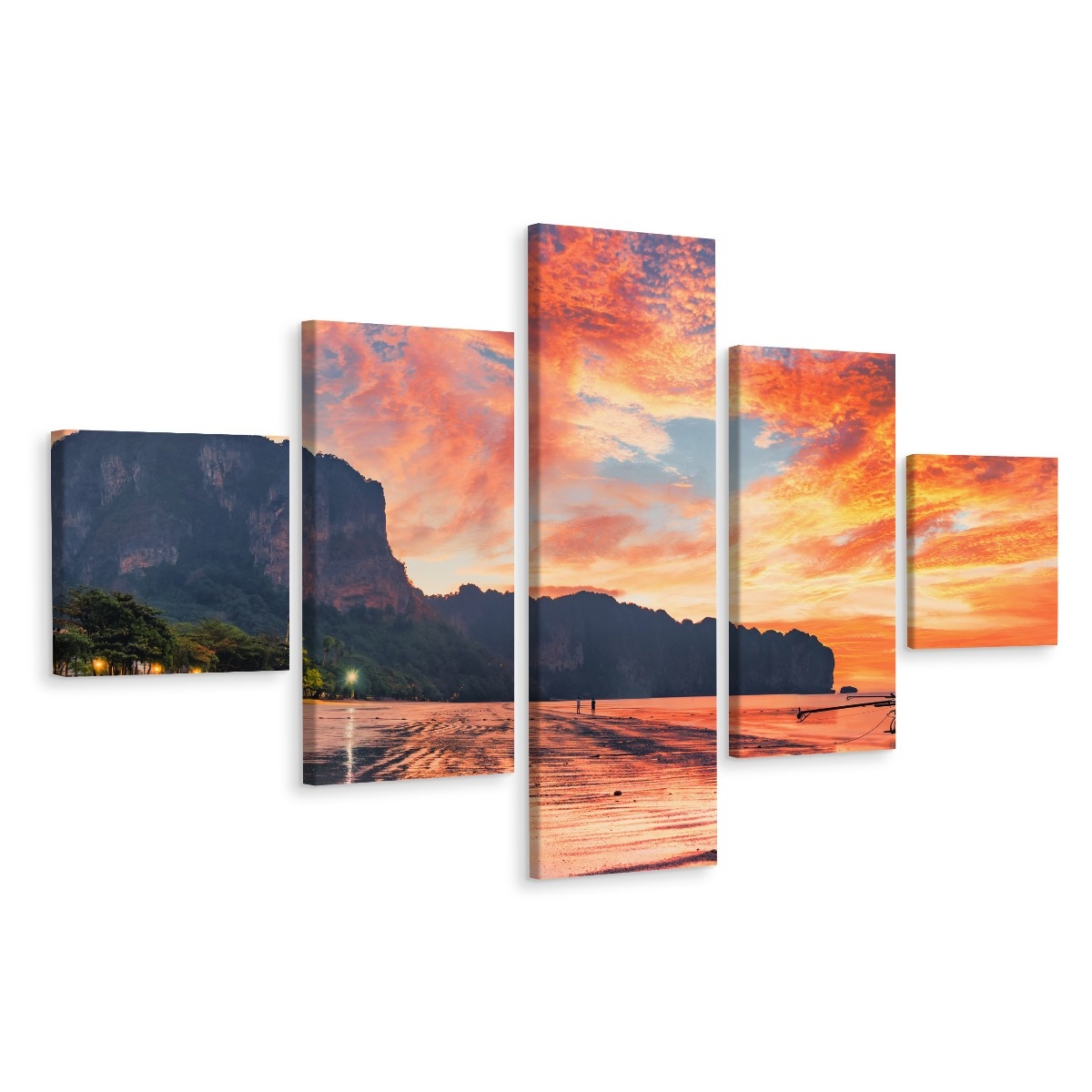 Schilderij - Zonsondergang in Thailand, 5 luik, Premium Print