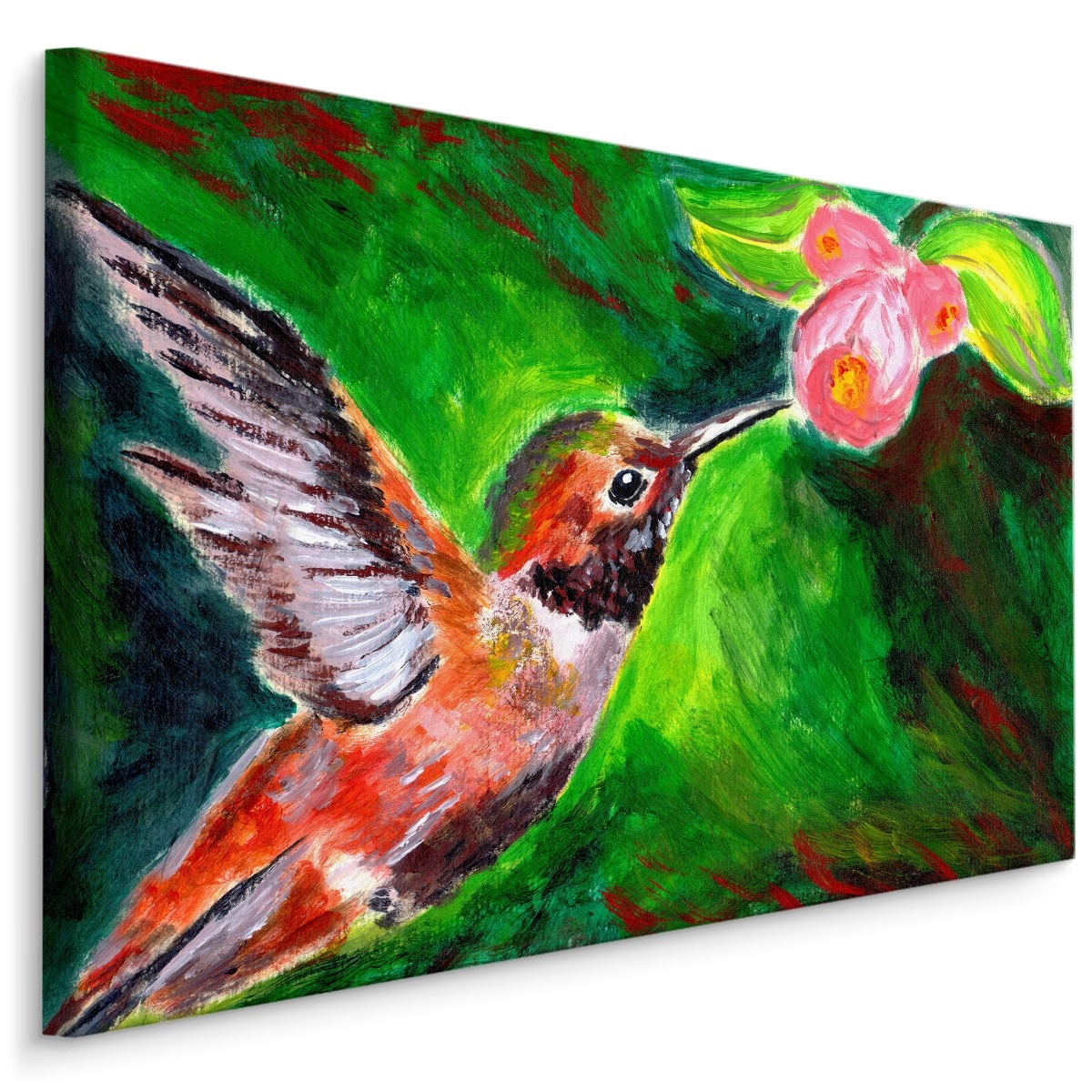 Schilderij - Prachtig geschilderde Kolibrie (print op canvas) Multikleur afbeelding