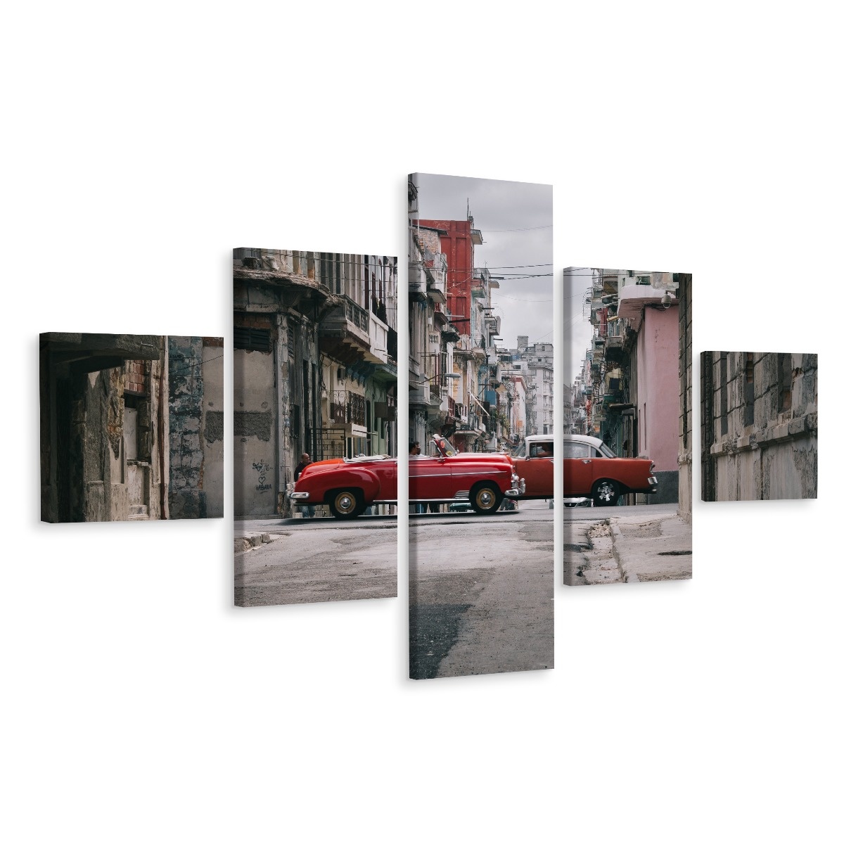 Schilderij - Oldtimers in Havana, Cuba, 5 luik, Premium Print afbeelding