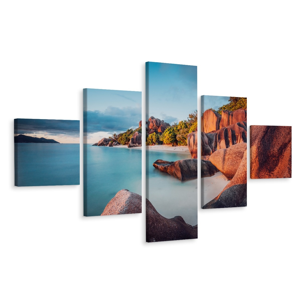 Schilderij - Strand Seychellen, 5 luik, Premium Print afbeelding