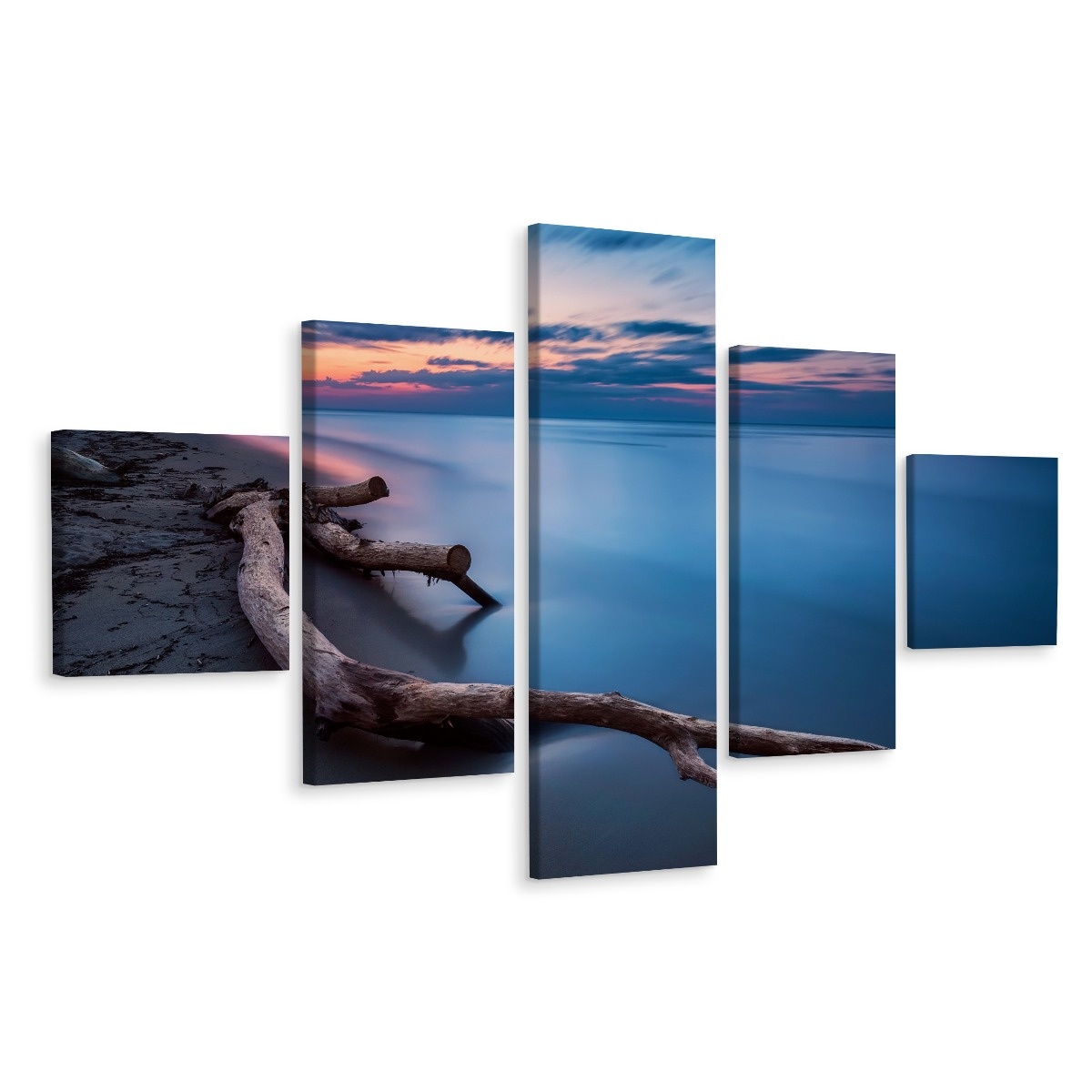 Schilderij - Zonsondergang boven Zee, 5 luik, Premium Print afbeelding