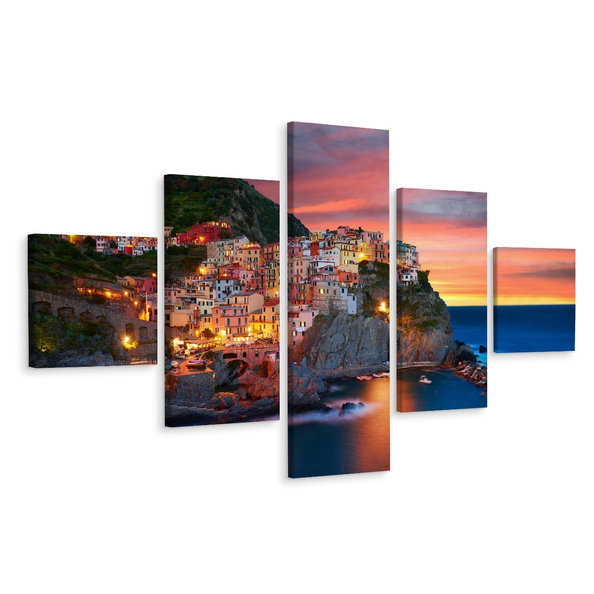 Schilderij - Manarola in Italië, 5 luik, Premium Print afbeelding